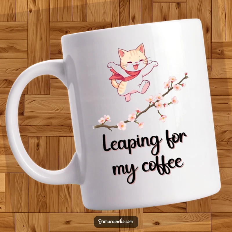 Funny mug showing a heroic cat gracefully leaping over a fallen cherry blossom branch, capturing a moment of elegant, funny action.
