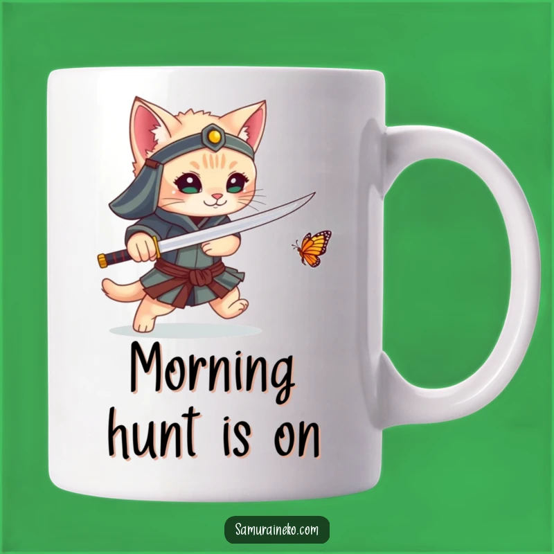 Funny Kitten Samurai Mug: Playful Warrior's Butterfly Chase Gift