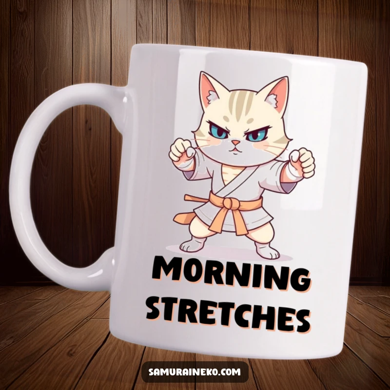Funny cat warrior practicing exaggerated, comical martial arts stances with wild and humorous movements on this mug.
