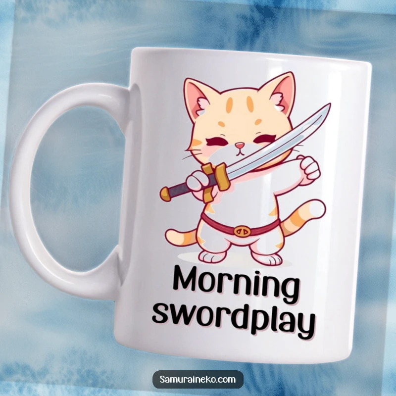 Funny Cute Cat Mug: An adorable feline character striking a playful pose with a tiny sword, ready for action and smiles.