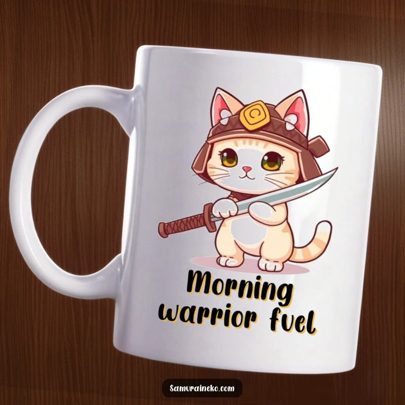 Funny cute cat wearing a tiny samurai helmet, unsheathing a playful sword on this epic mug.