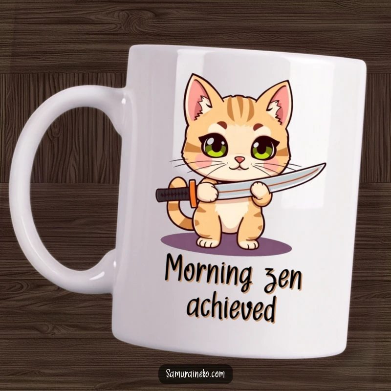 Funny Cat Katana mug showcasing a curious cat with big, wide eyes, proudly holding a tiny katana, ready for action or cuddles.