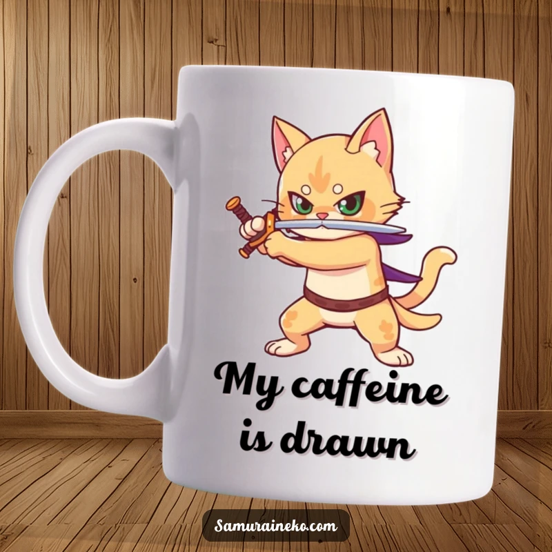 Funny mug with a fierce cat warrior in a battle stance, sword drawn, ready for action, celebrating courage.