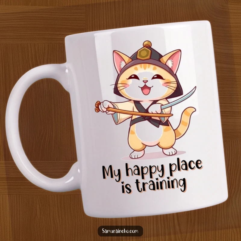 Funny mug featuring a cat in a ronin hat practicing sword forms with a happy, joyful expression, embodying playful skill.
