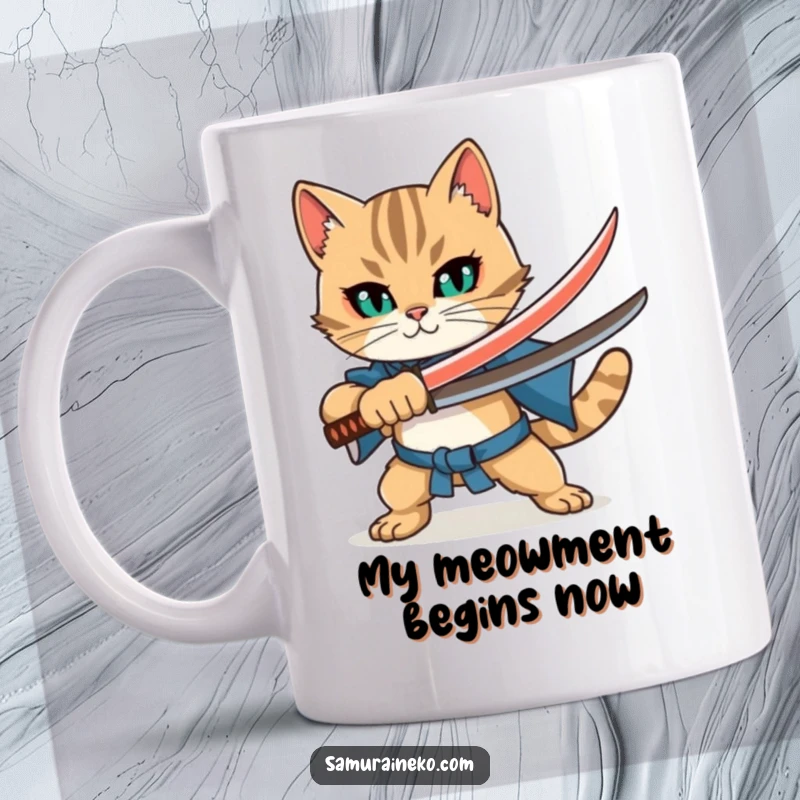 Funny Cat Katana Mug: Confident feline warrior with tiny sword, striking a brave pose, ready for action and laughs.