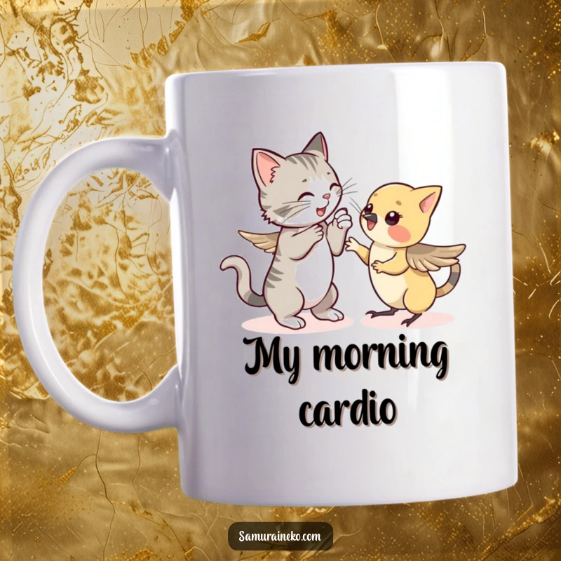 Funny mug art: a determined cat lunges playfully at a shy sparrow fluttering away, capturing a comical wildlife encounter.