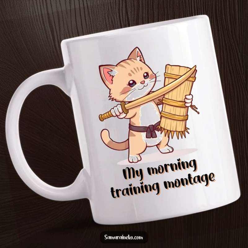 Funny mug showing a determined cat playfully sparring with a straw dummy, sword in paw, ready for a comedic duel.