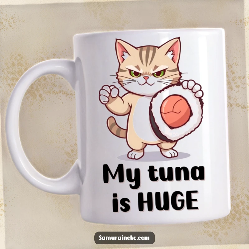 Funny mug featuring a fierce yet cute kitty striking a dramatic pose with a comically oversized sushi roll, ready for a meal.