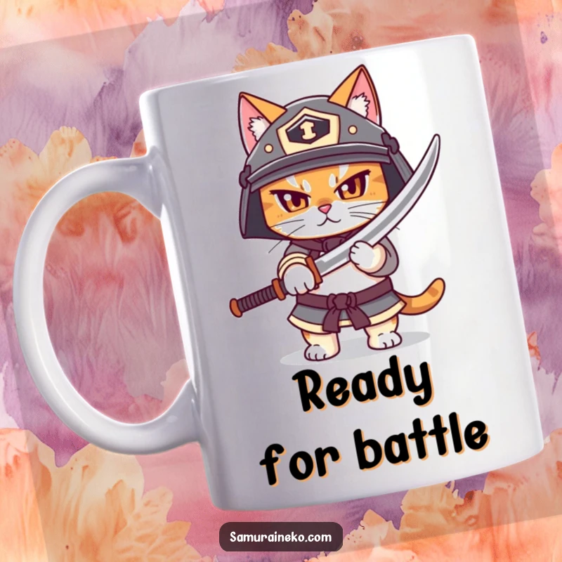 Funny mug of a cat wearing a helmet, bravely unsheathing a tiny katana, embodying courage and humor.