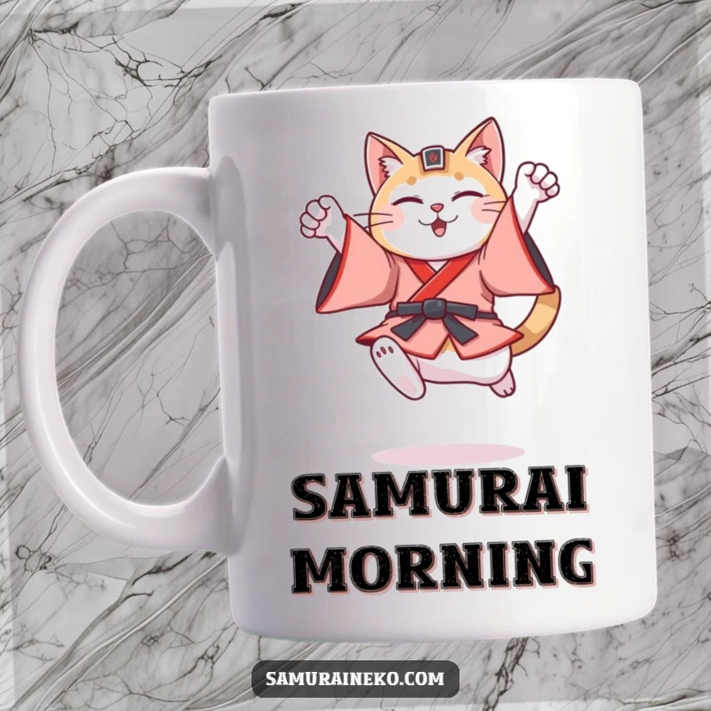 Funny cat in detailed feudal Japanese armor leaping heroically in a triumphant pose, displayed on this mug.