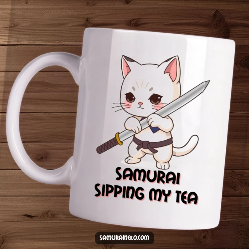 Funny cat character in a dramatic pose, proudly sheathing a minuscule katana on a coffee mug, expressing fierce pride.