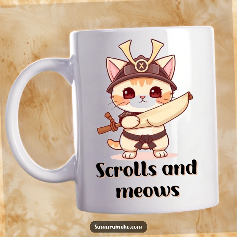 Funny cat in samurai helmet holding a scroll, warrior kitty design, perfect funny gift for strategy lovers.