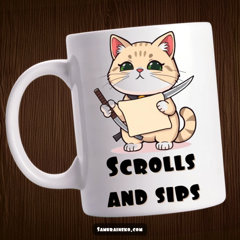 Funny cat holding a miniature katana with pride, a tiny scroll in its paw, depicted on this mug.