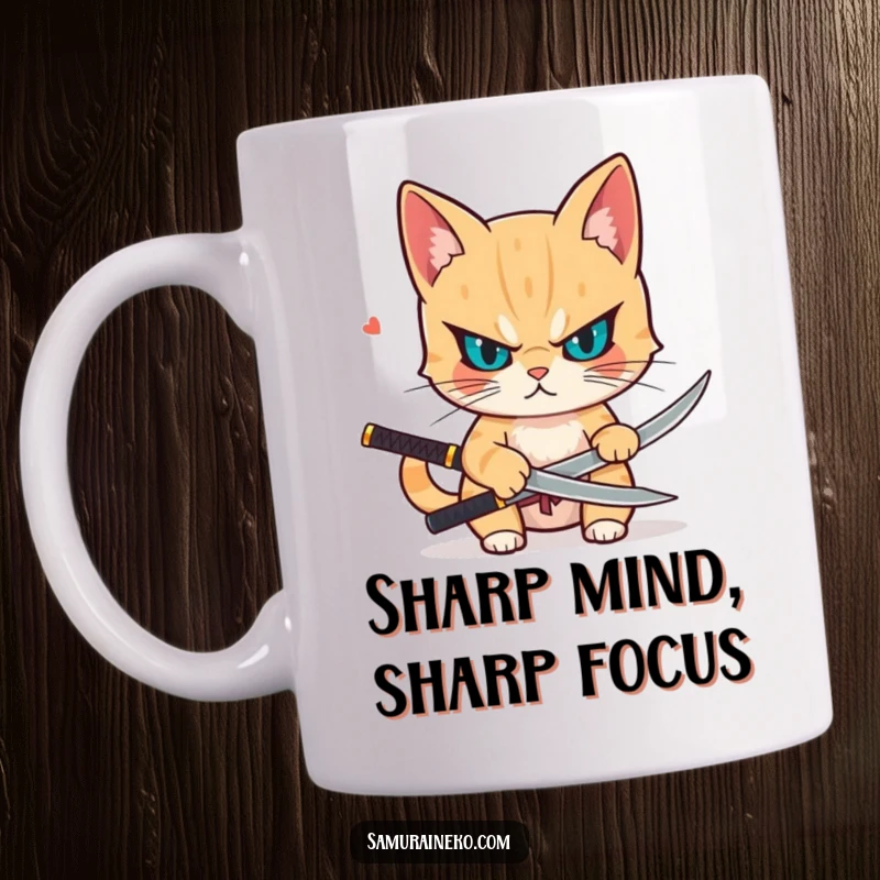 Funny mug with a determined cat drawing a small katana, exuding focus and readiness for action with a sharp expression.