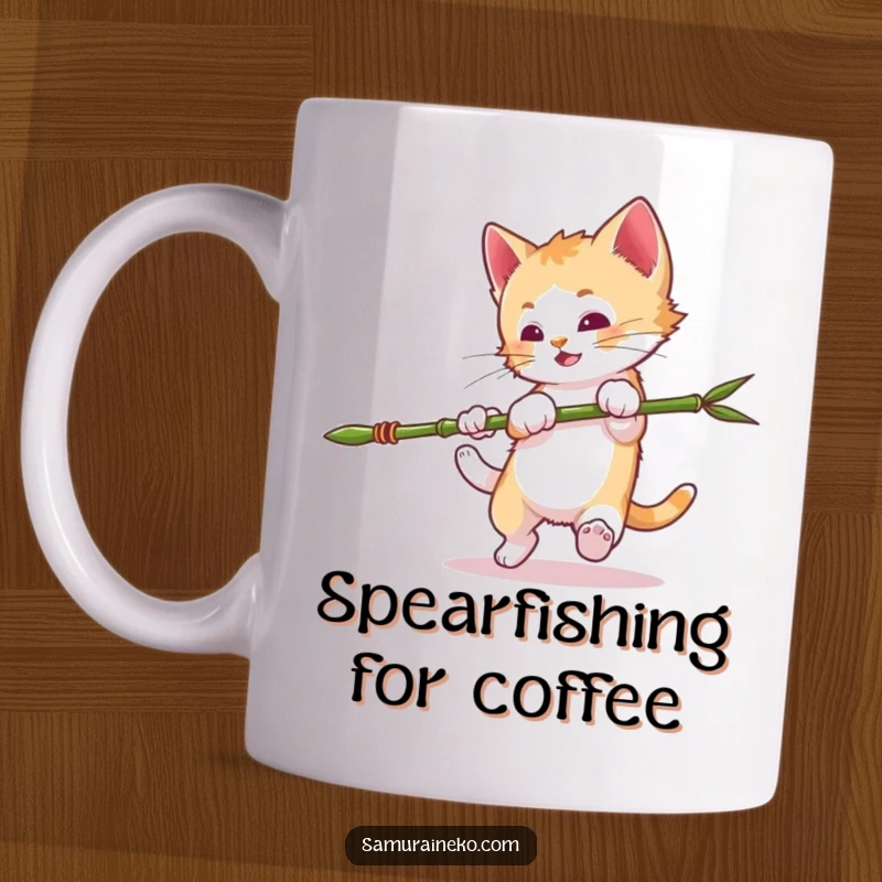 Funny Mischievous Kitten Mug: A kitten doing a somersault while wielding a tiny bamboo spear, conveying playful mischief and action. A great funny gift.