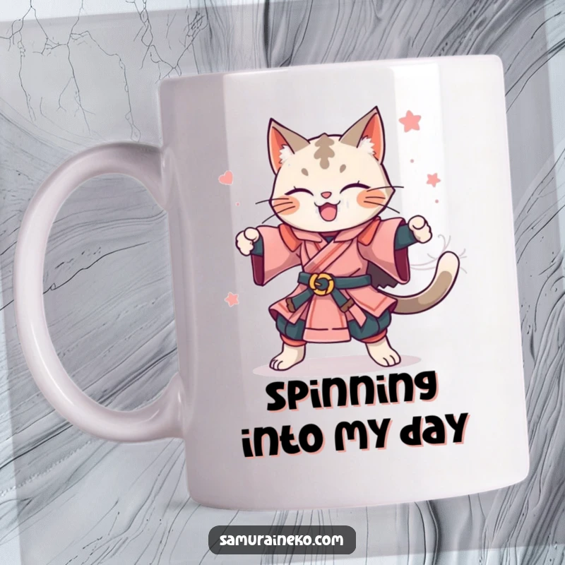 Funny mug of a joyful feline samurai performing a celebratory spin with a happy expression. A great funny gift.