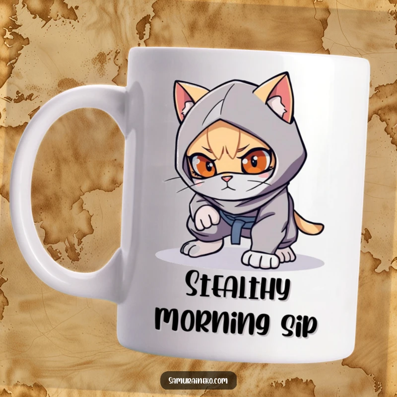 Funny cat ninja crouched low, ready to pounce with playful eyes, stealthy and cute, perfect funny gift.