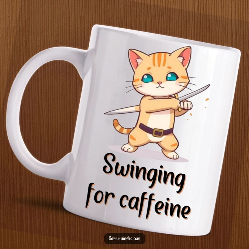 Funny cat practicing sword swing, sparks flying from blade, fierce kitty design, perfect funny gift.