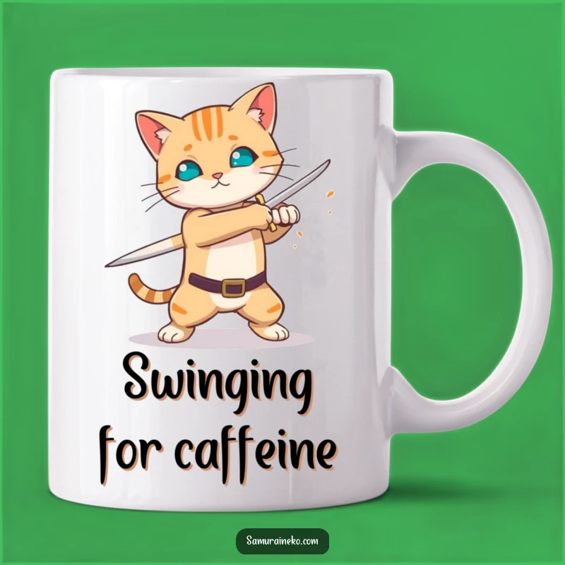 Funny Sword Swing Cat Mug - Fiery Blade Kitty Cup - Unique Warrior Cat Gift