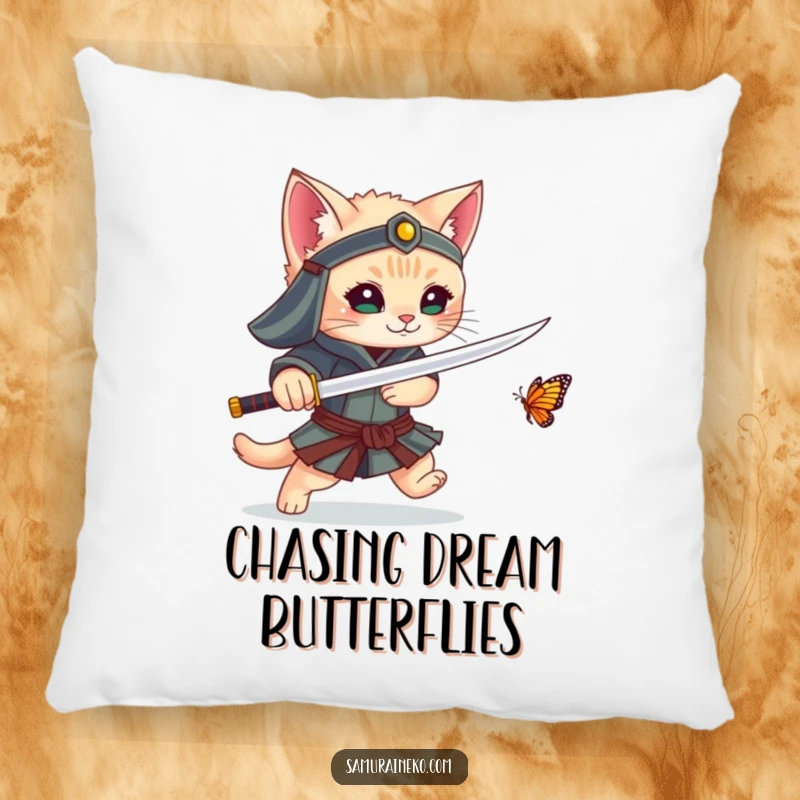 Funny pillow featuring a kitten samurai playfully chasing a butterfly with its sword, offering cozy comfort and humorous charm.