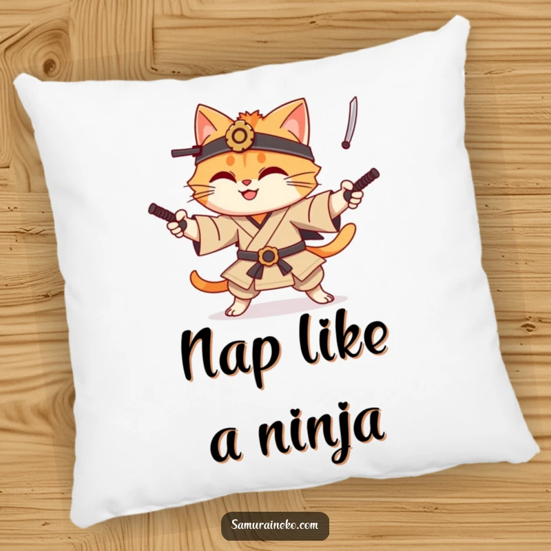 Funny cat samurai pillow featuring a smiling cat character skillfully juggling tiny katanas, offering both comfort and a touch of warrior humor.