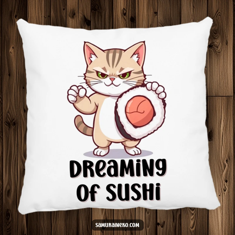 Funny pillow featuring a fierce yet cute kitty striking a dramatic pose with a comically oversized sushi roll, providing comfort and humor.