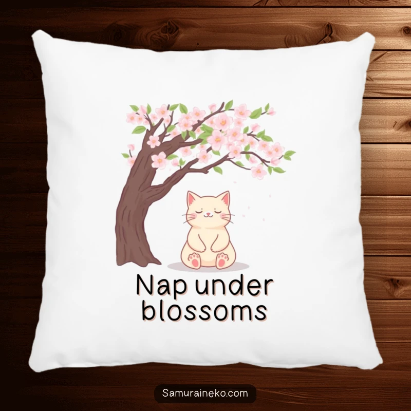 Funny cat pillow with a content cat meditating serenely under a cherry blossom tree.
