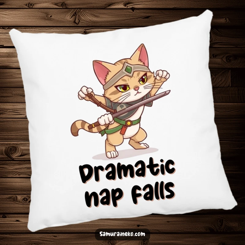 Funny decorative pillow featuring a cat warrior attempting a dramatic pose and slightly losing balance, offering comfort and humor.