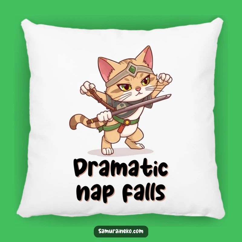 Funny Falling Cat Warrior Pillow: Cozy Dramatic Pose Fail, Humorous Comfort Gift