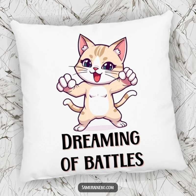 Funny cat pillow depicting a cat in a dynamic and playful fighting pose.