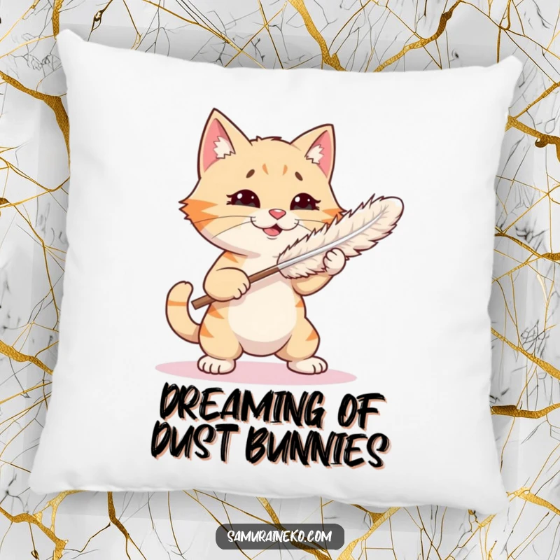 Funny pillow featuring a cat playfully sparring with a feather duster, offering comfort and a touch of hilarious feline energy.