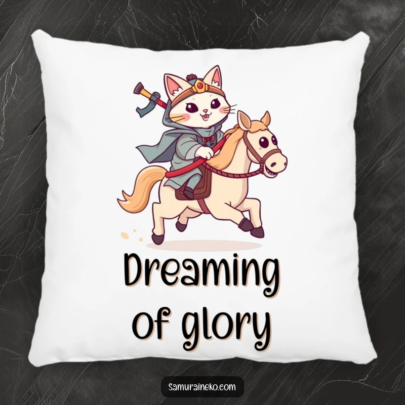 Funny cat samurai pillow with a feline warrior riding a hobby horse, charging forward with gleeful determination.