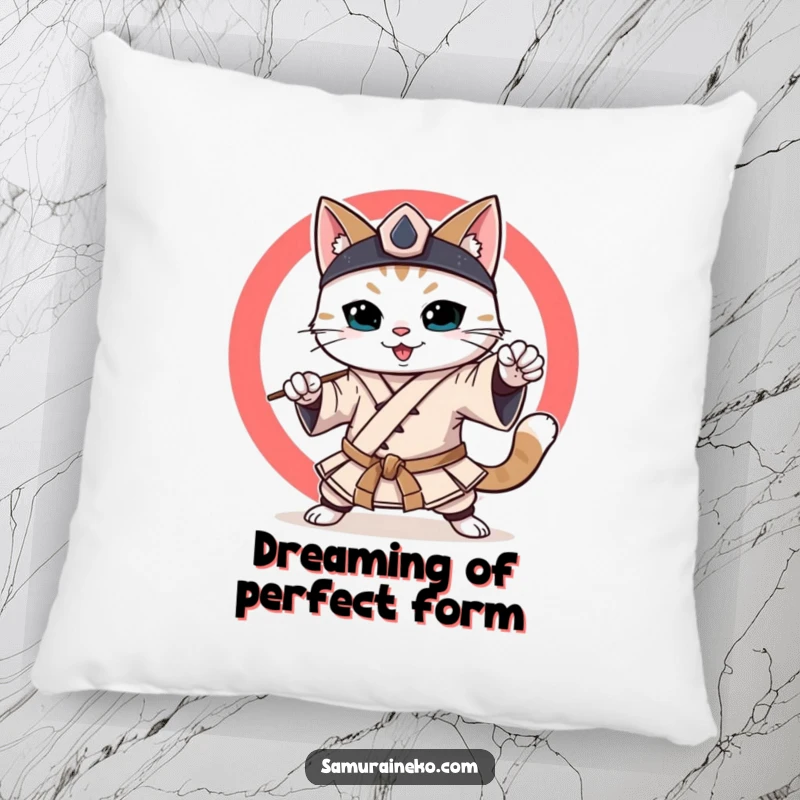 Funny Samurai Cat Pillow: A smiling cat in samurai gear, poised in a martial arts stance, soft comfort with a humorous touch.