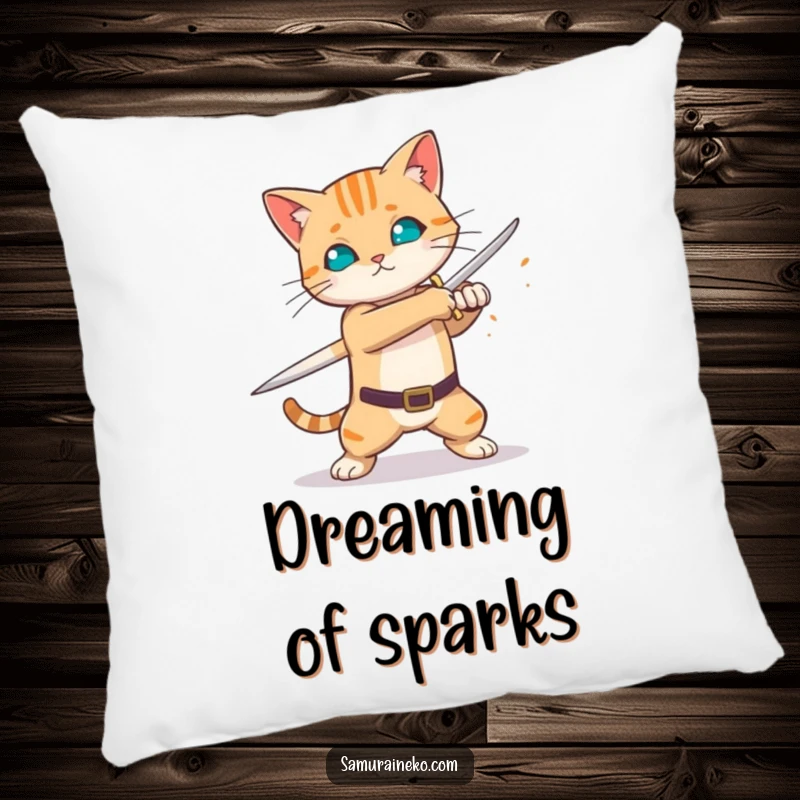 Funny cat practicing sword swing, sparks flying, plush warrior pillow, perfect funny gift for defenders.