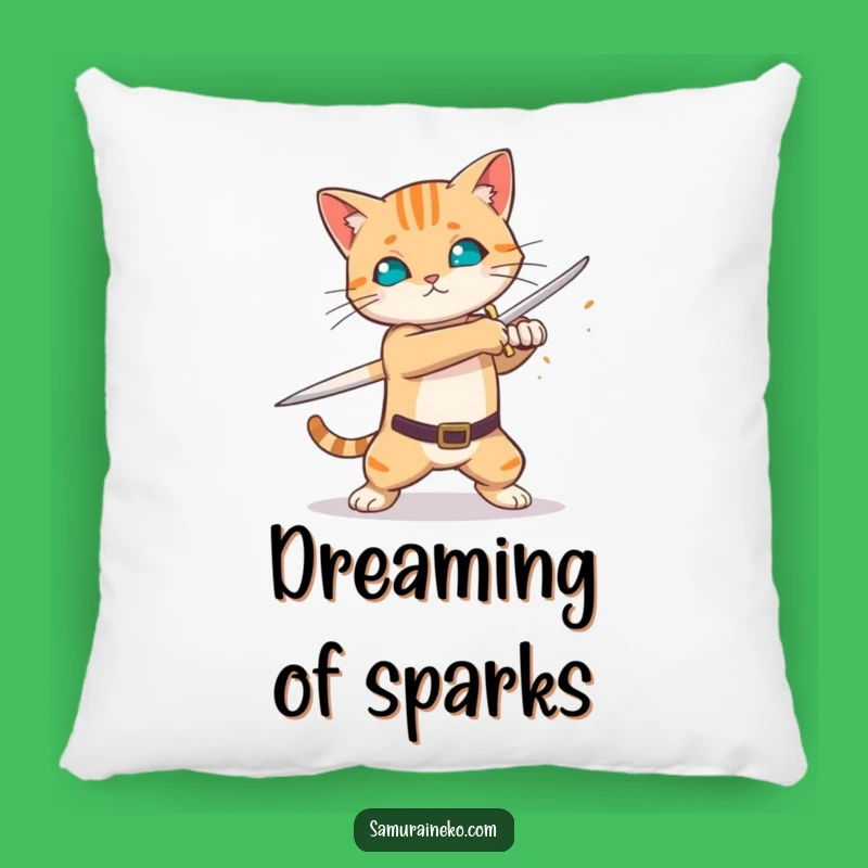 Funny Sword Swing Cat Pillow - Fiery Blade Warrior Cushion - Cozy & Powerful Gift