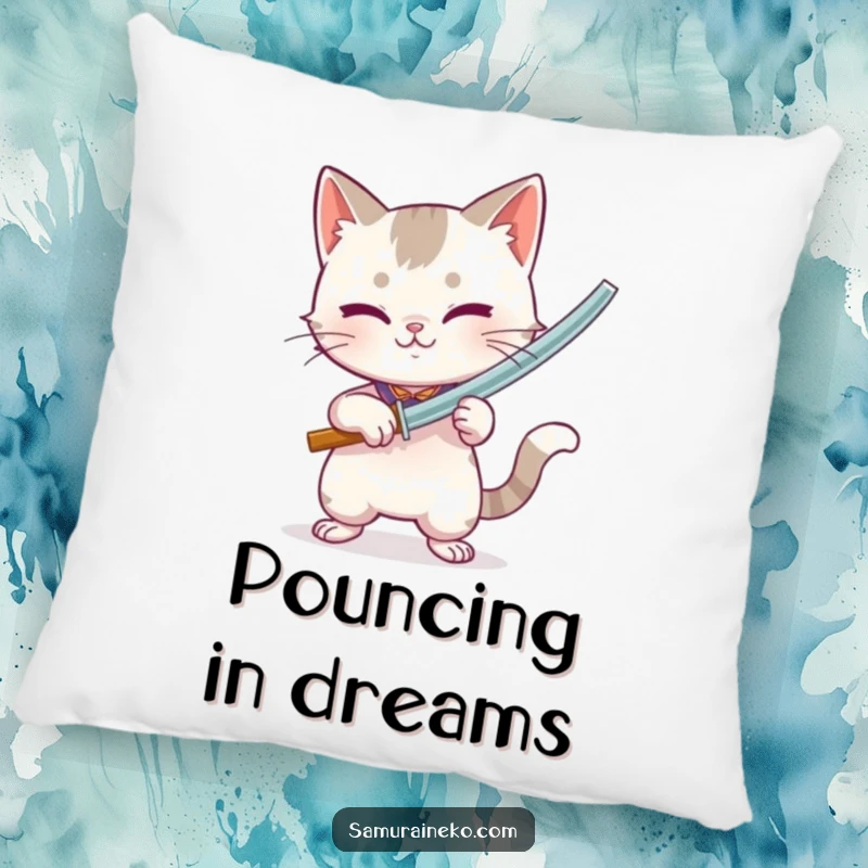 Funny decorative pillow featuring a cat wielding a tiny bamboo sword with playful intensity, offering comfort and humor.