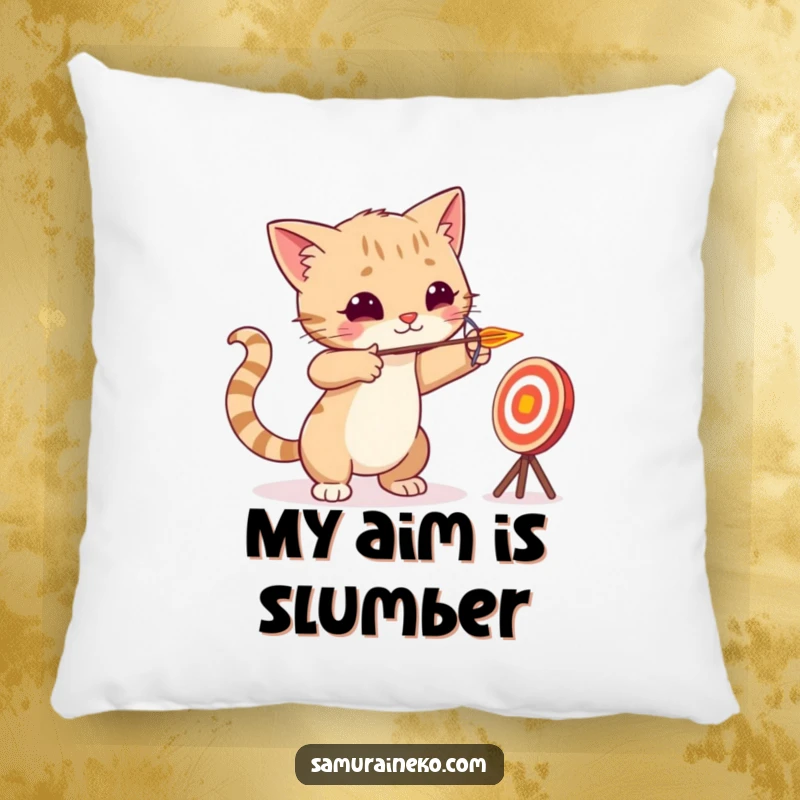 Funny cat character aiming a tiny arrow at a fun target, featured on a comfortable and decorative pillow.