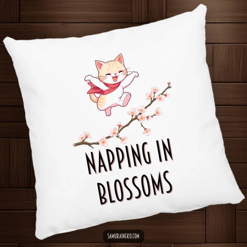 Funny pillow depicting a cat hero gracefully leaping over a fallen cherry blossom branch, offering comfort and a touch of funny elegance.