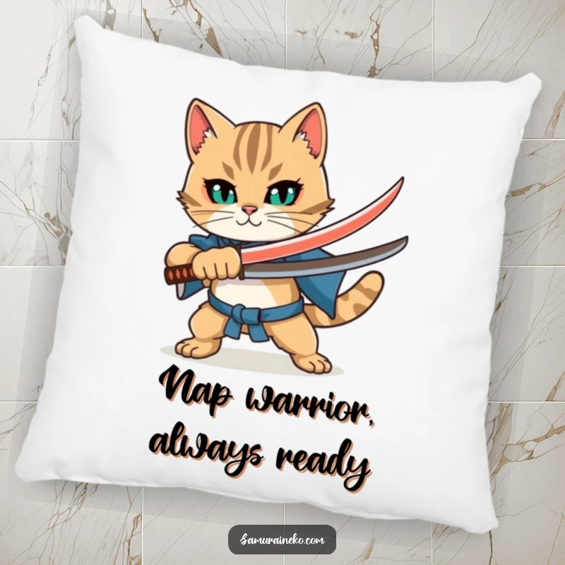 Funny Cat Katana Pillow: Adorable cat warrior mid-pose with tiny sword, soft and comfortable, bringing humor to relaxation.