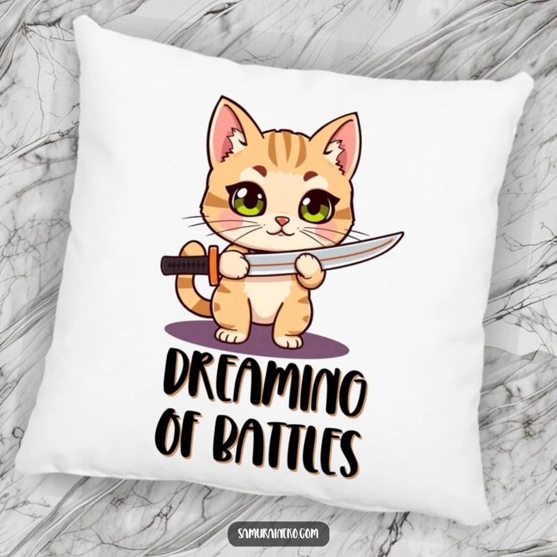 Funny Cat Katana pillow showing a wide-eyed cat proudly holding a tiny katana, offering comfort and a dose of feline warrior humor.