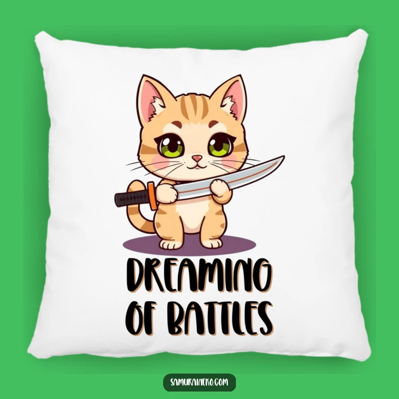 Funny Cat Katana Pillow: Proud Warrior with Wide Eyes, Cozy Humorous Accent