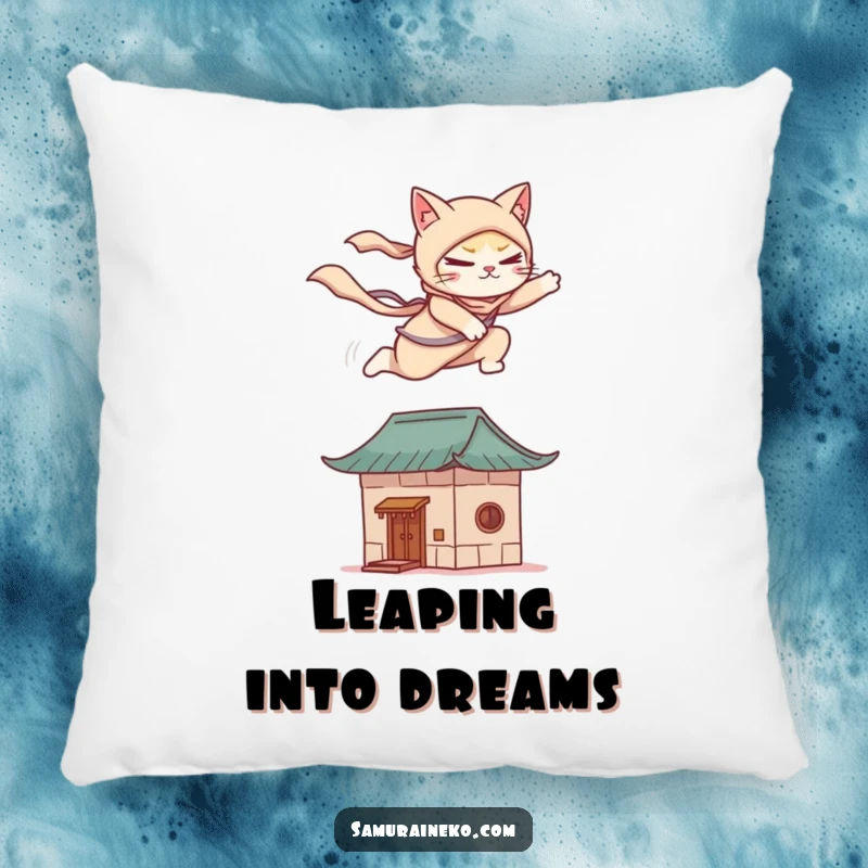 Funny pillow featuring a cat ninja gracefully leaping onto a stylized rooftop, offering cozy comfort and humorous stealth.