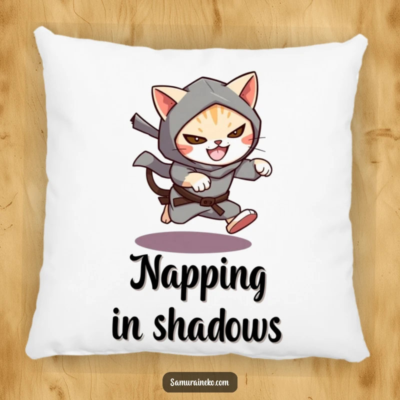 Funny Cat Ninja Pillow featuring a cat ninja leaping from shadows with a mischievous grin, offering comfort and playful charm.