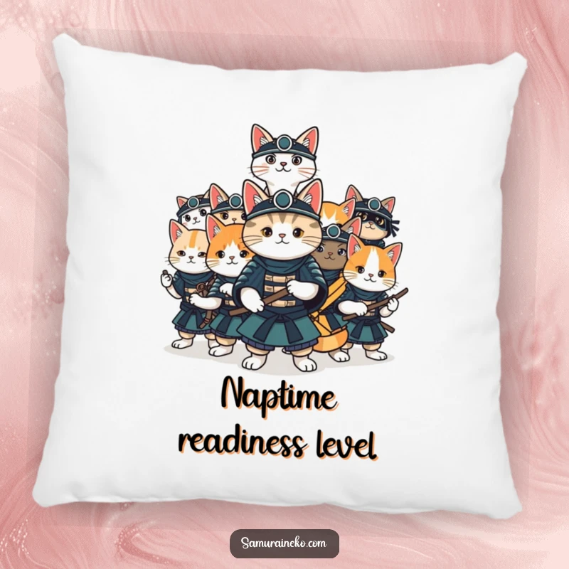 Funny cat samurai pillow with a group of cats striking various samurai poses, ready for enjoyable fun.