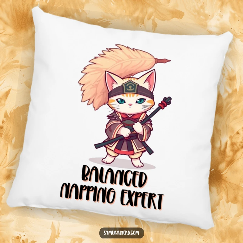 Funny cat samurai perfectly balancing a giant feather on its head, featured on a comfortable and decorative pillow.