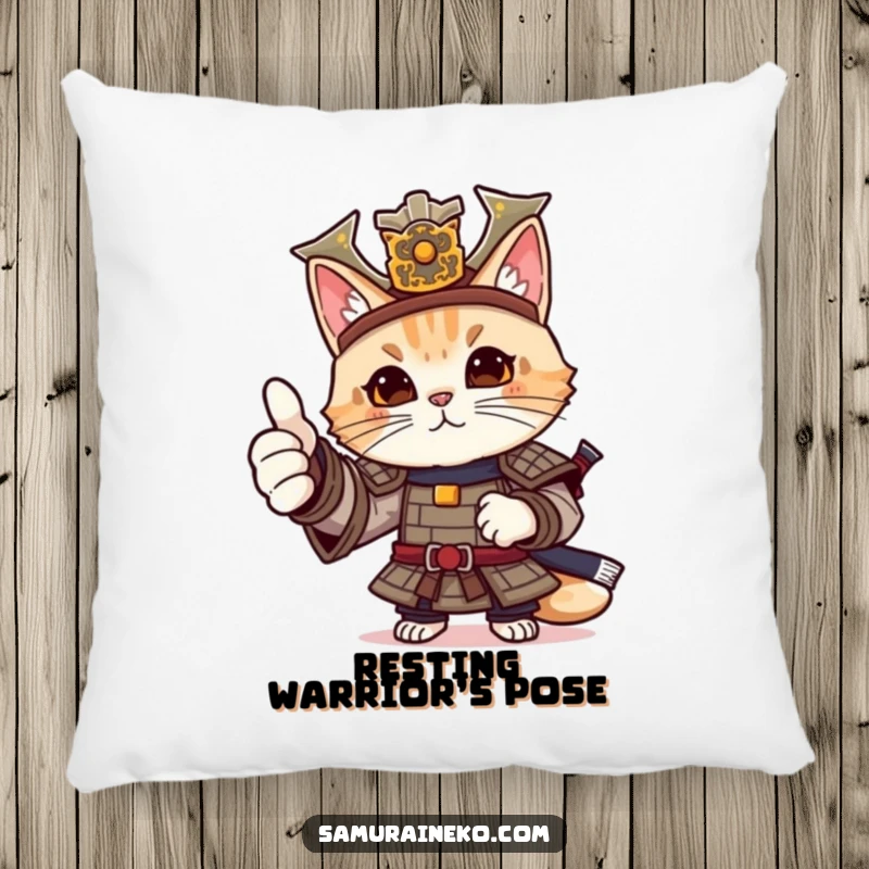 Funny cat samurai pillow with a feline warrior in detailed armor giving a friendly, approving thumbs-up.