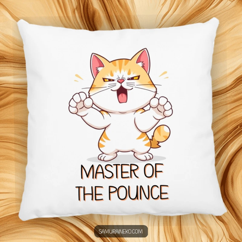Funny pillow featuring a mischievous cat with a determined expression, practicing swift paw strikes, providing cozy comfort and fierce decor.