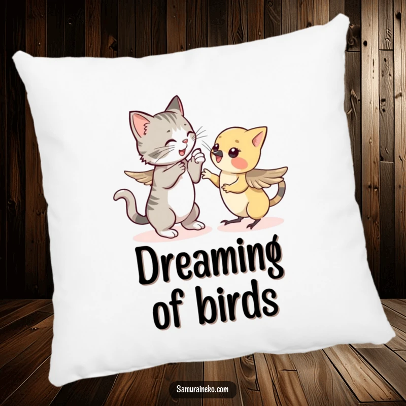 Funny pillow design: a cute cat playfully sparring with a small, shy sparrow, adding a humorous touch to home decor.