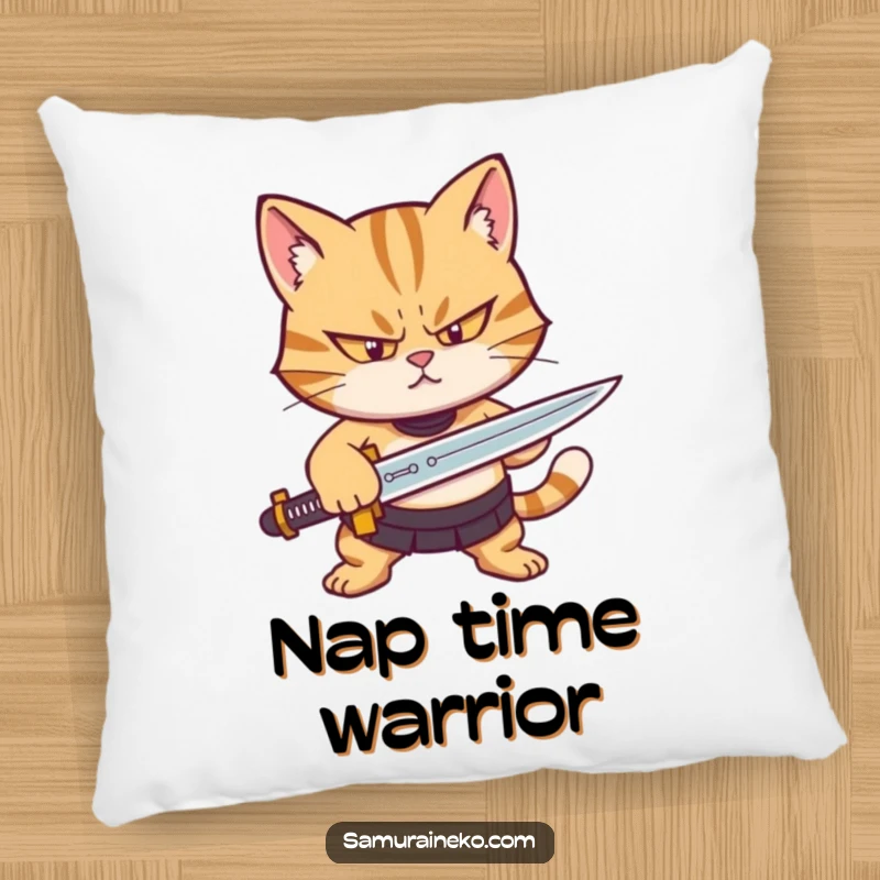 Funny pillow design of a determined cat character sharpening a tiny sword, adding a humorous touch to home decor.