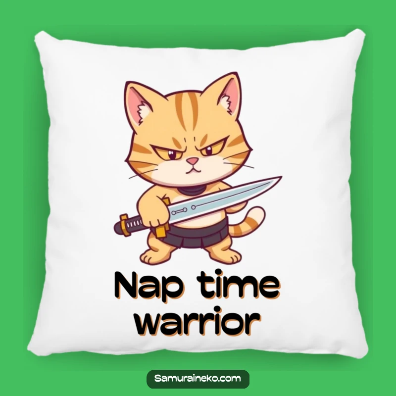 Funny Cat Warrior Pillow: Determined Feline Sharpening Sword, Cozy And Hilarious Gift